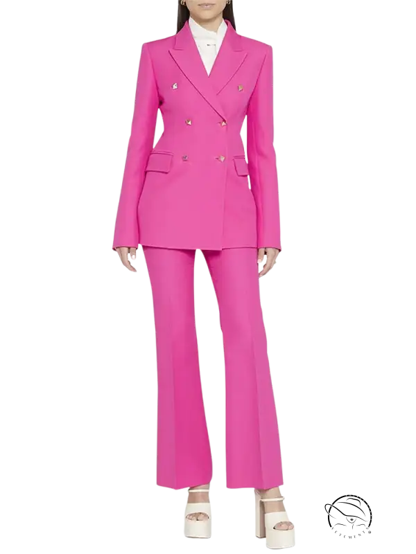 Hot pink double-breasted Coral Red Slim Blazer Suit with pocket and long sleeves