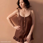 Brown button-down romper showcasing a Cotton French Ruffle Jumpsuit for elegant linen jumpsuit pajamas
