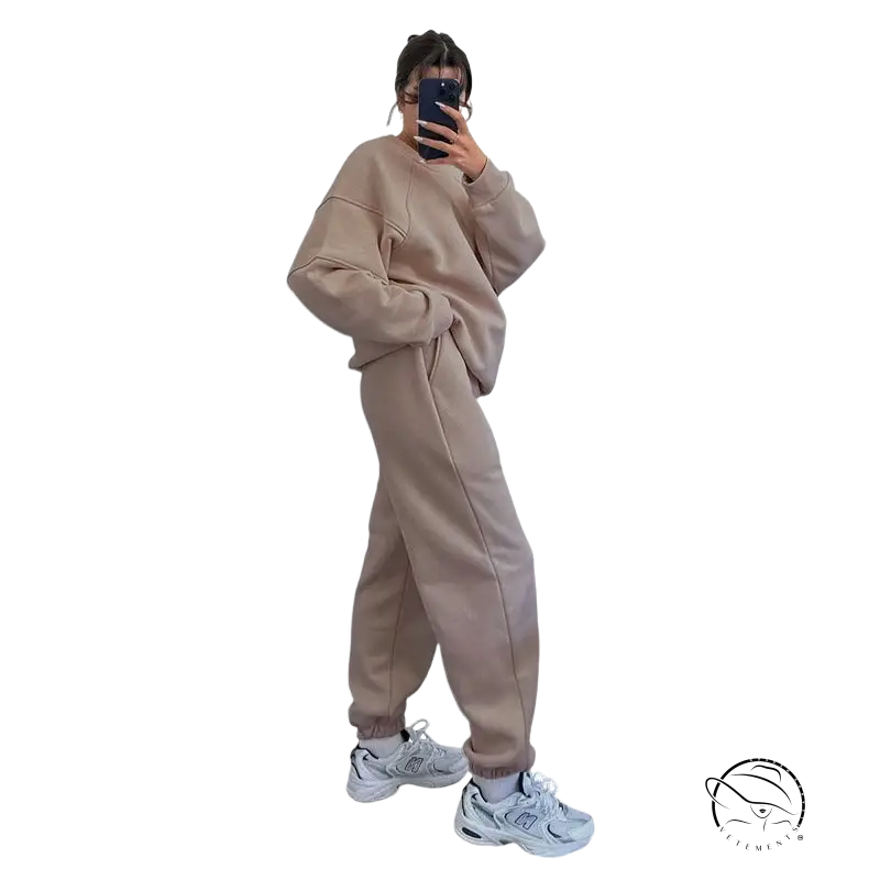 Cozy threads trousers suit: beige oversized sweatshirt and joggers set