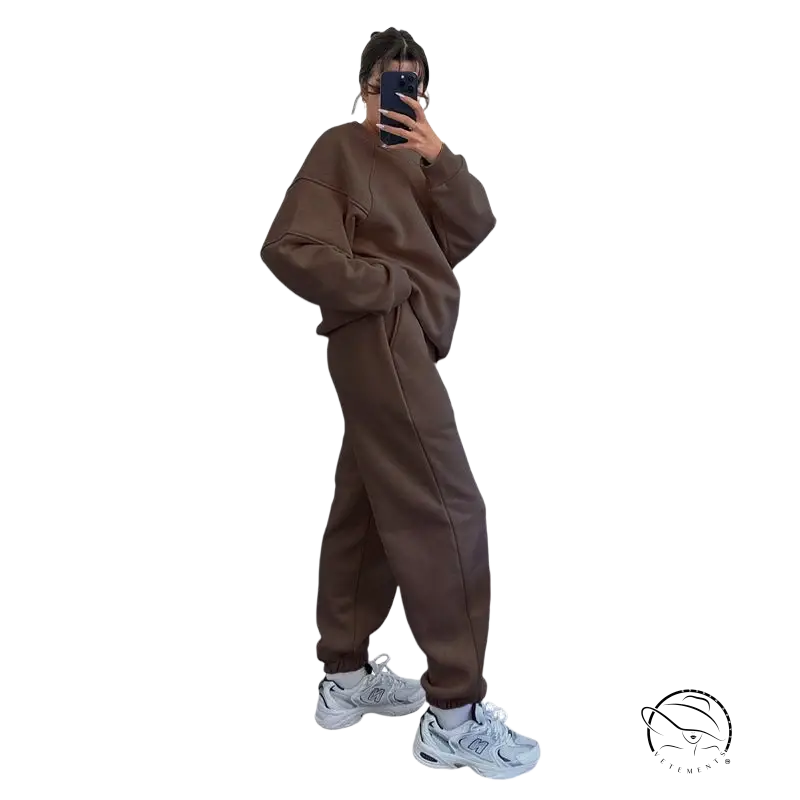 Cozy threads trousers suit: brown oversized sweatshirt and joggers set