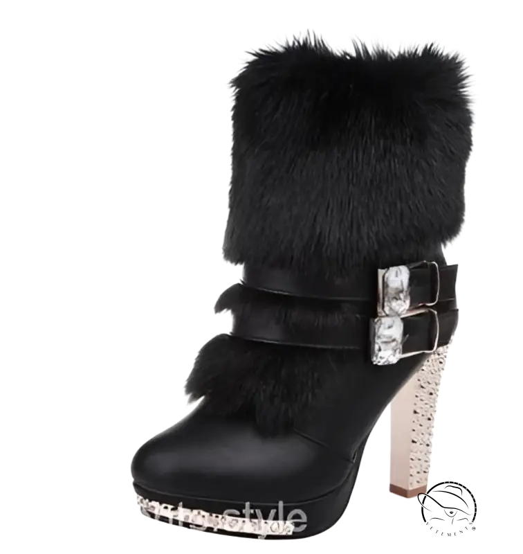 Cresfimix cute boots: black faux fur-lined high heel ankle boot with rhinestones