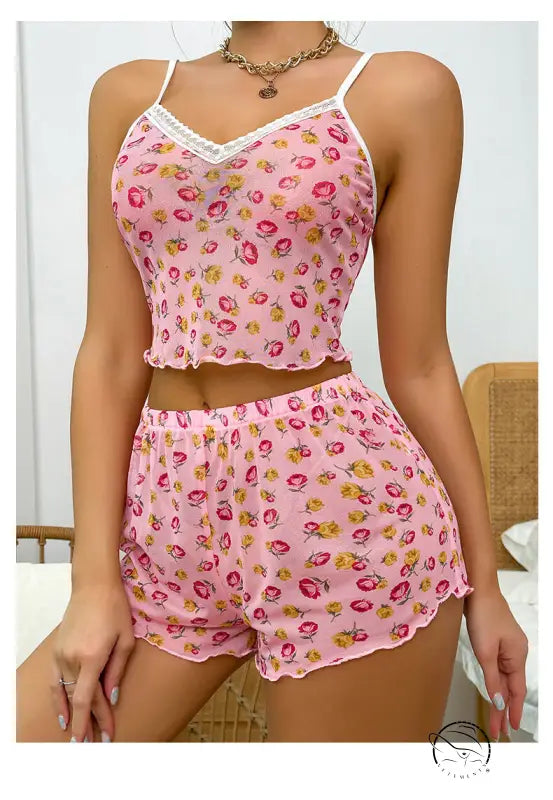 Women’s pink floral print cute mesh pajamas set with camisole top and shorts featuring floral lace and ruffle sleeves
