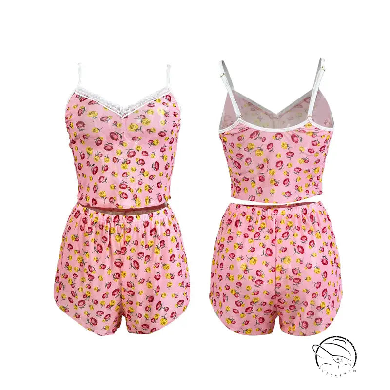 Pink floral print camisole and shorts pajama set from Cute Mesh Pajamas with white mesh flower accents