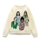 Colorful fashion illustration on a cute pattern sweater featuring stylish diverse women