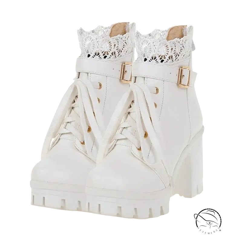 White lace-up platform buckle boots with gold buckles and lace trim