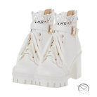 White lace-up platform buckle boots with gold buckles and lace trim