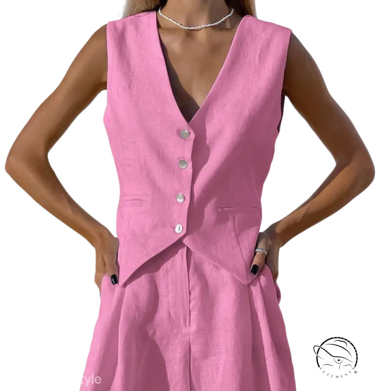 Light pink linen suit vest and shorts set for summer office wear