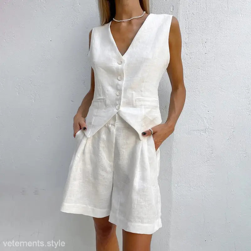 Light pink vest and shorts set styled with a Dark Green Faux Linen Button-Down Top