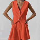 Dark Green Faux Linen Button-Down Summer Top paired with orange vest and shorts set