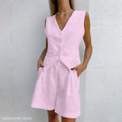 Light Pink Vest and Shorts Set paired with Dark Green Faux Linen Top for Summer Style