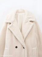 Cream-colored double breasted fleece overcoat jacket for fall and winter fashion