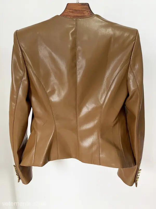 Brown leather blazer showcasing a double breasted slim fit collarless leather jacket for spring fall