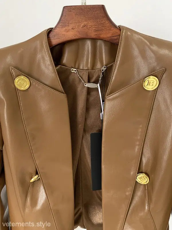 Brown leather blazer with gold buttons, double breasted slim fit collarless leather jacket for spring fall