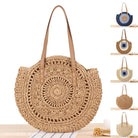 Circular woven straw handbag with leather straps, ideal for a large striped blue or light brown cross bohemian bag