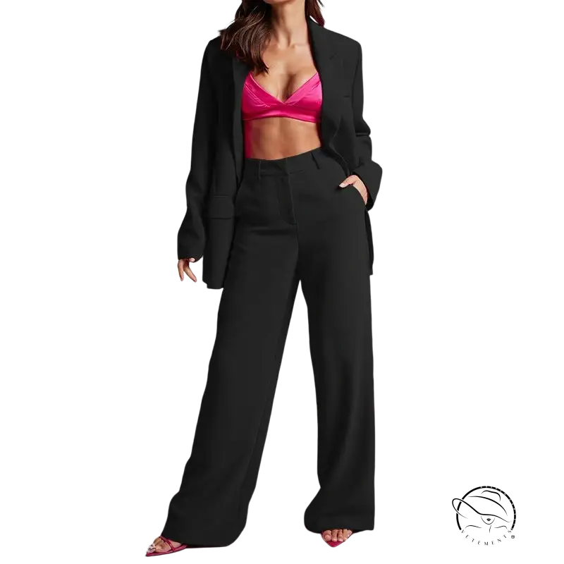 Black blazer and wide-leg pants in Edith Elegant Set, featuring a spring elegant collared design