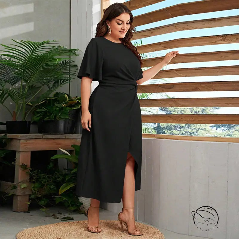 Elegant A-line midi dress with ruffled butterfly sleeves and side slit