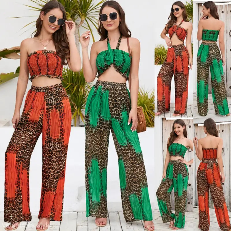 Elegant Animal Print Backless Halter Top in Women’s Two-Piece Casual Knitted Set