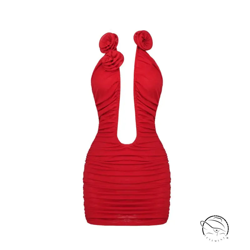 Red ruched mini dress with floral pleated strapless details