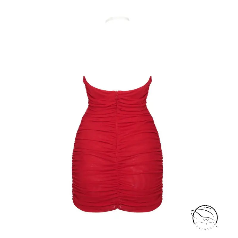 Red ruched halter dress in floral pleated strapless style