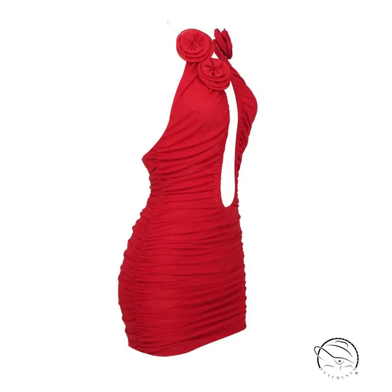 Red ruched floral pleated strapless mesh mini dress