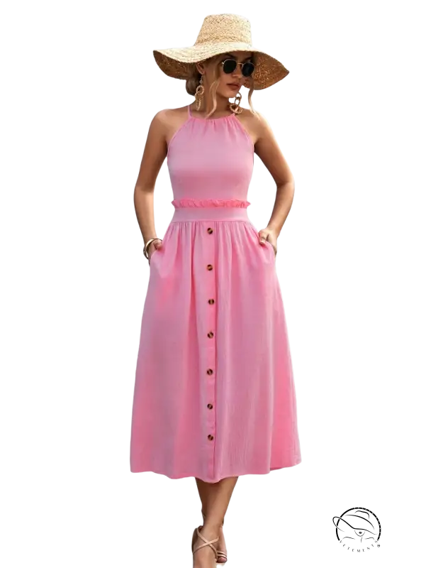 Pink halter-neck midi dress with button-front skirt and ruffle waist, elegant backless dress for summer