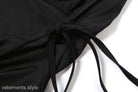 Black swimsuit bottom with tie strings for a sexy low cut backless evening dress