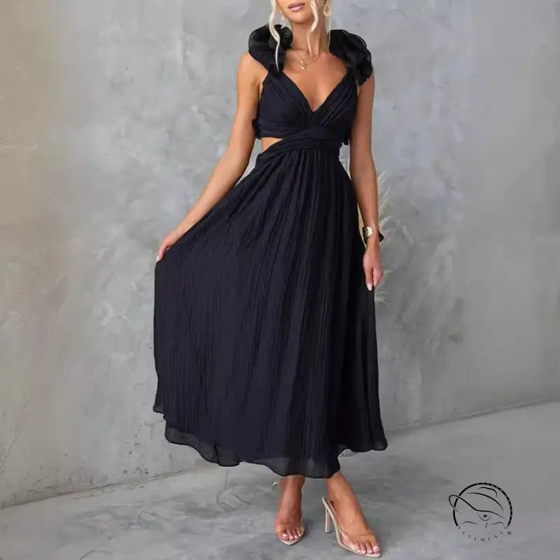 Black pleated cut-out midi dress from Elegant Backless Maxi Dress with Ruffle V-Neck with free shipping