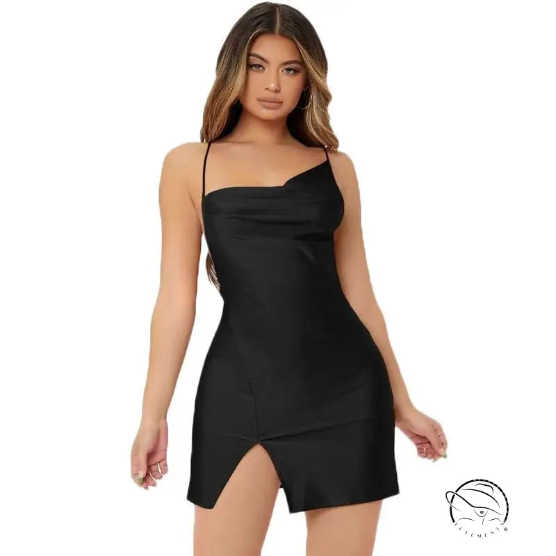 Sexy backless spaghetti straps black mini dress with side slit