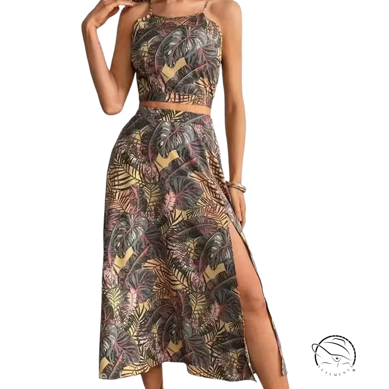 Elegant beach dress: tropical print two-piece skirt set slim fit with slit