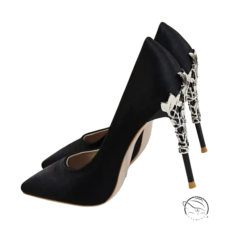 Elegant Bigtree women’s pumps: black satin high-heeled with silver giraffe heels