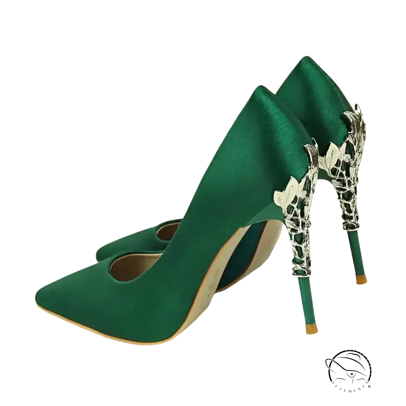 Elegant Bigtree women’s pumps: emerald green satin with silver leaf stiletto heels