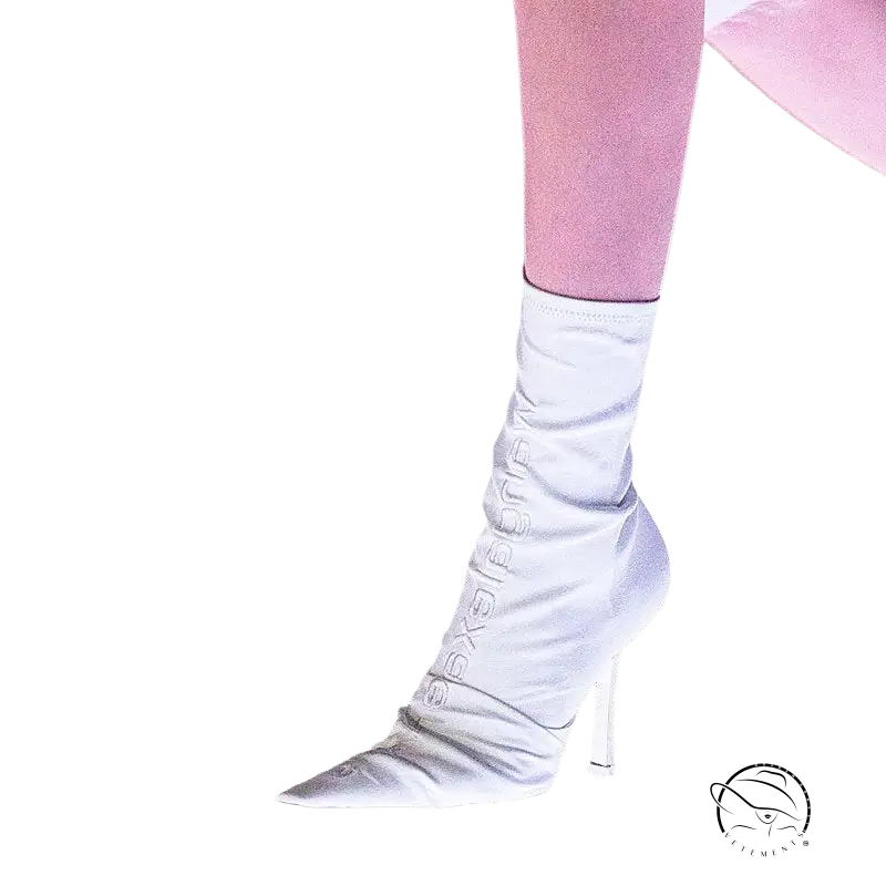 Elegant white satin single mile 9cm ankle boot with pointed toe and heel