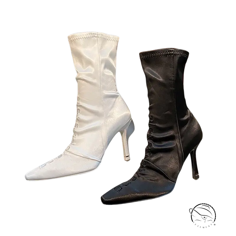 Elegant black single mile 9cm boots in glossy white satin with pointed heels
