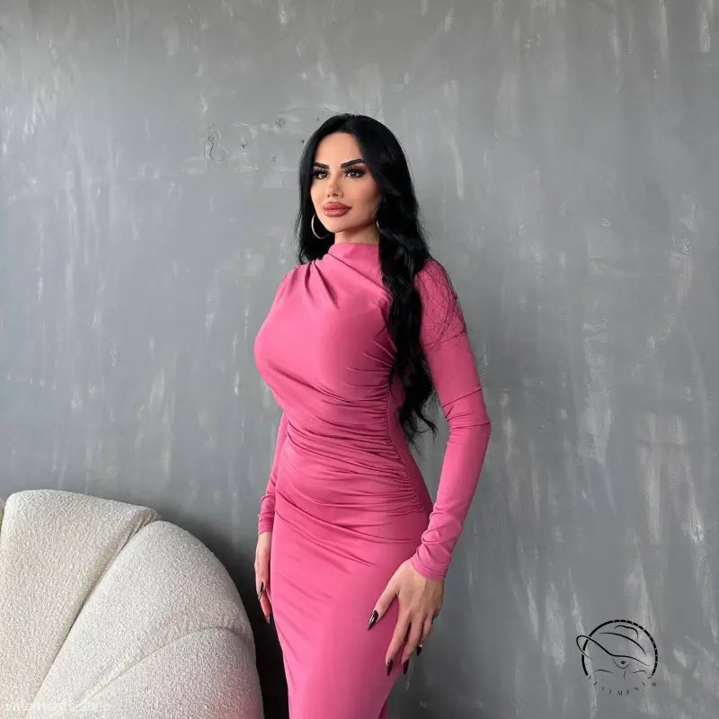 Elegant bodycon dress in coral red or dark grey worn by woman with long dark hair