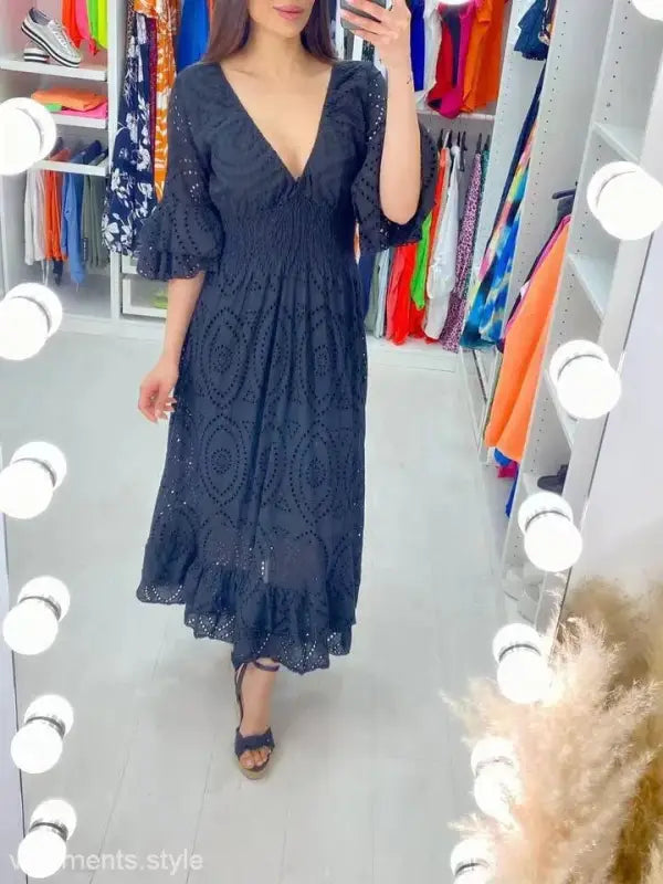 Navy blue lace midi party dress with v-neckline and flutter sleeves for elegant occasions