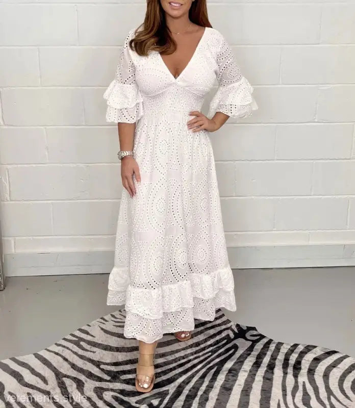 Elegant Cotton Linen Party Dress featuring white eyelet lace and ruffled trumpet sleeves