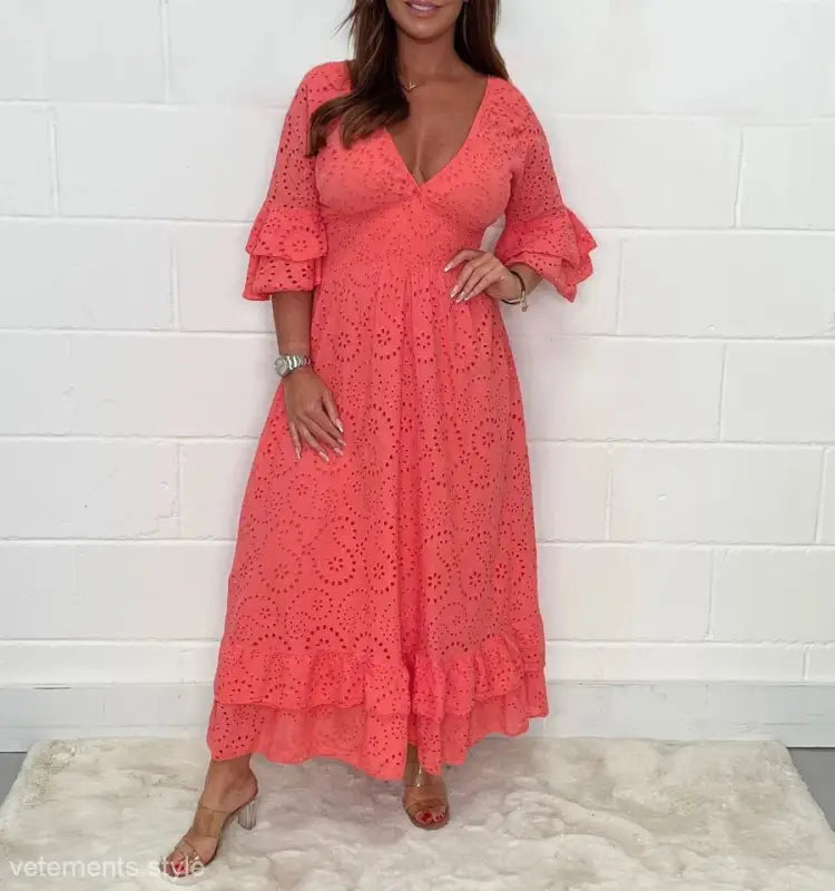 Coral lace maxi dress with bell sleeves and V-neckline, perfect house party dress
