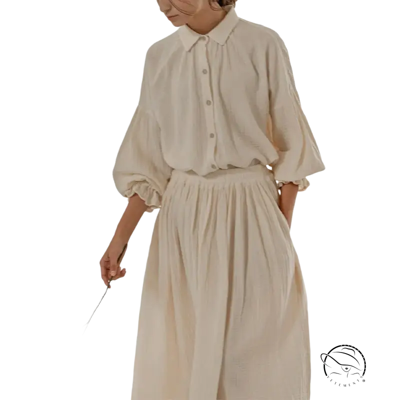 Elegant cream linen blouse and skirt set with lantern sleeve niche design