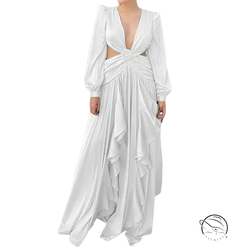 White long-sleeved cut-out maxi dress for red carpet elegance at upscale events