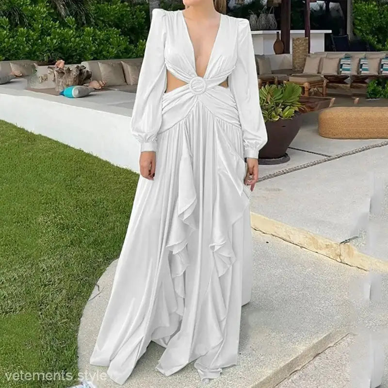 White long-sleeved cut-out maxi dress for red carpet elegance at upscale events