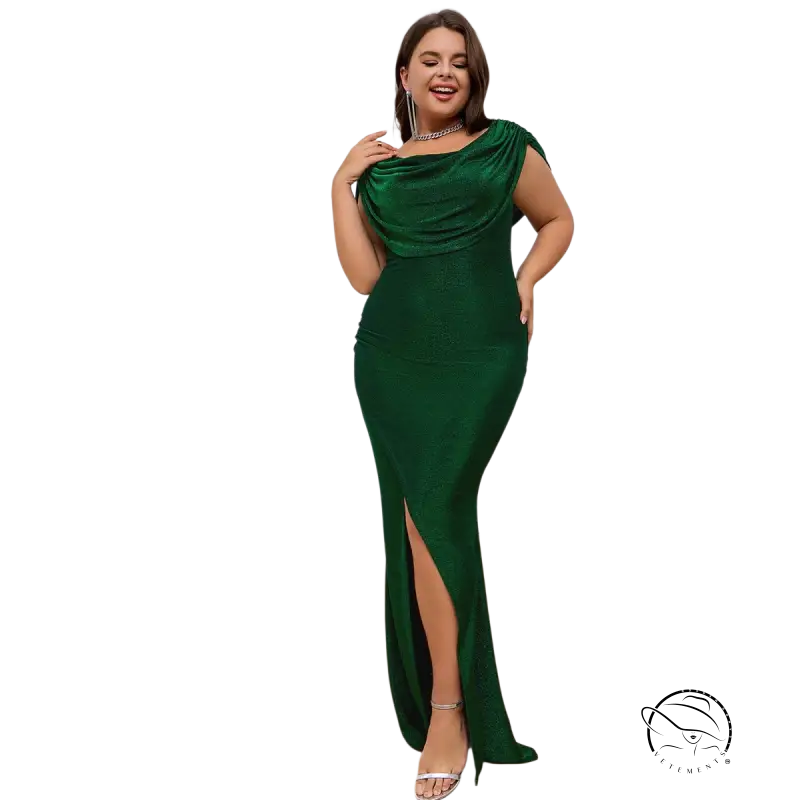 Elegant evening dress in blackish green with draped neckline and side slit, free shipping