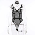 Black mesh and strappy sexy fishnet teddy with underwire cups and high-cut leg openings