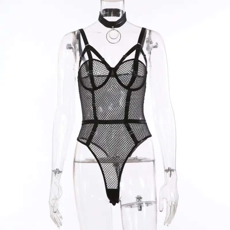 Black mesh and strappy sexy fishnet teddy with underwire cups and high-cut leg openings