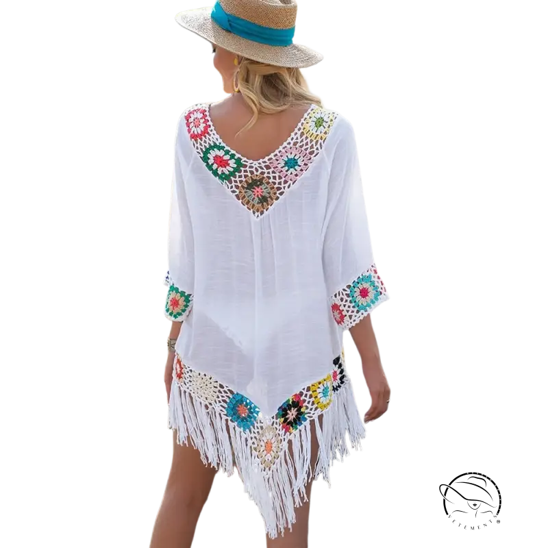 Elegant white bikini beachwear dress with colorful crochet details