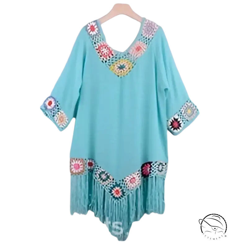 Turquoise crochet-trimmed comfy beachwear dress with fringe hem and floral accents