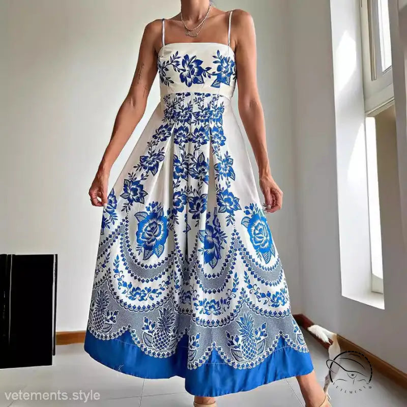 Elegant white floral maxi dress in blue paisley print, comfy summer dress