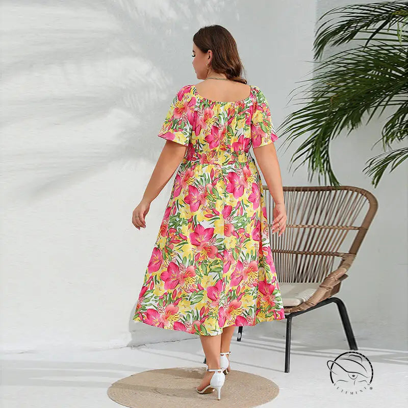 Elegant floral midi dress with off-shoulder sleeves for plus size