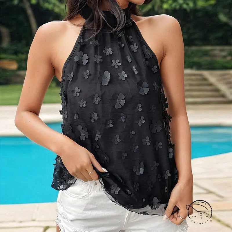 Elegant floral embroidered black halter top from Langry fashion with free shipping