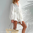 Elegant French Jacquard V-Neck Cotton Top with Tie Waist in white wrap-style design