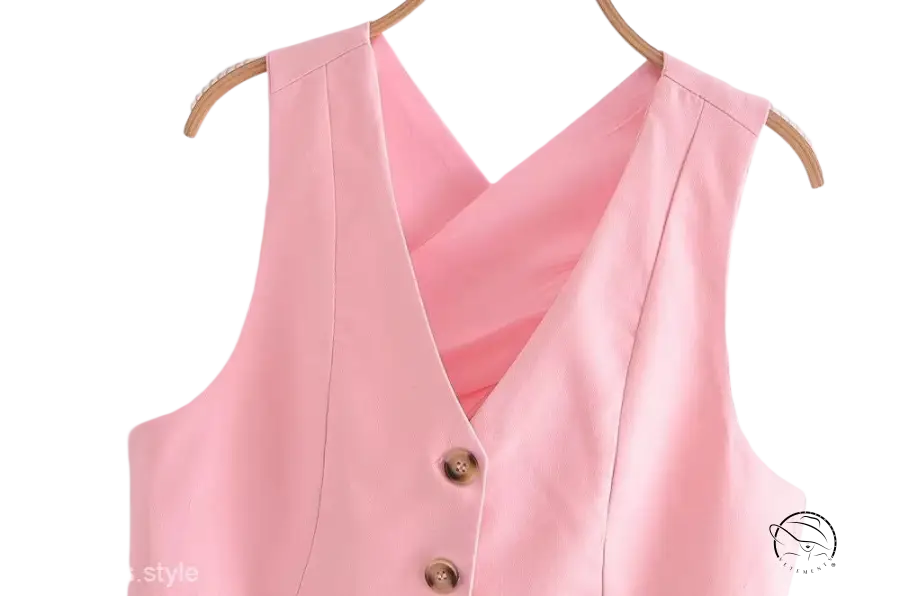 Pink button-down vest in elegant French style sleeveless V-Neck polyester for women
